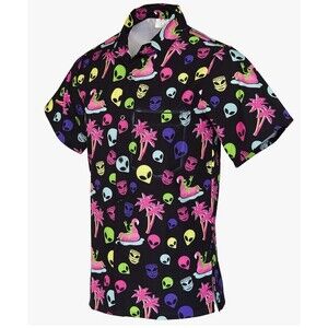 Tropical Hawaiian Shirt Funny Guy Creation XL  ALIEN & FLAMINGO short sleeve